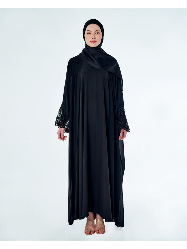 JAMEELA TWO PIECE LACE ABAYA - BLACK