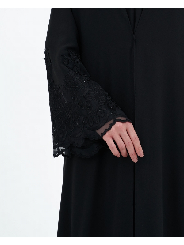 NOUR CRYSTAL LACE ABAYA - BLACK