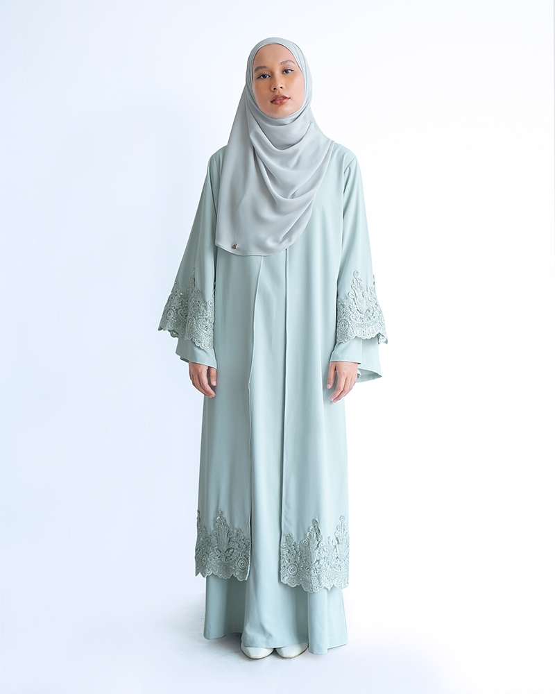 OVERLAP LACE ABAYA - DUSTY LIGHT GREEN