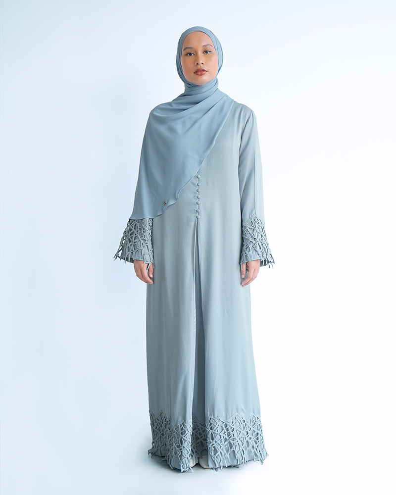 VELVET SATIN ABAYA - MEDIUM LIGHT GREY-CYAN