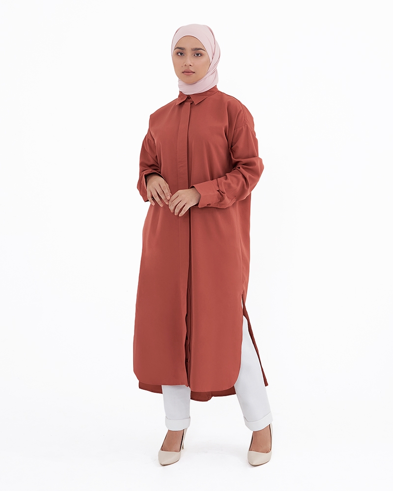 COLLARED SHIRT TUNIC - BROWN-ORANGE