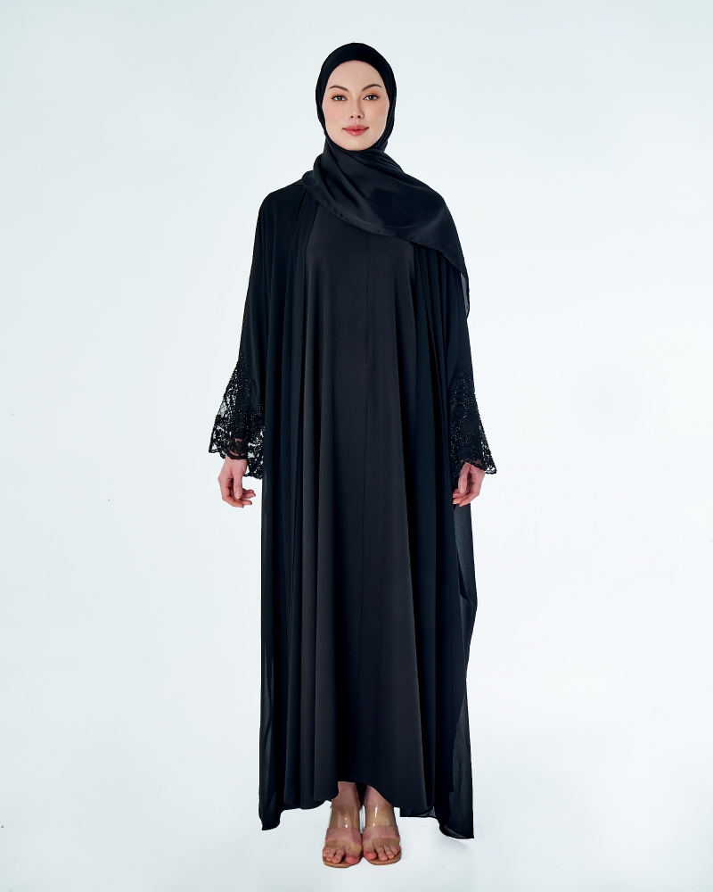 JAMEELA TWO PIECE LACE ABAYA - BLACK