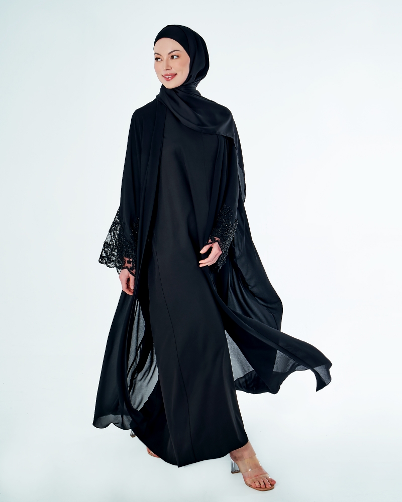 JAMEELA TWO PIECE LACE ABAYA - BLACK