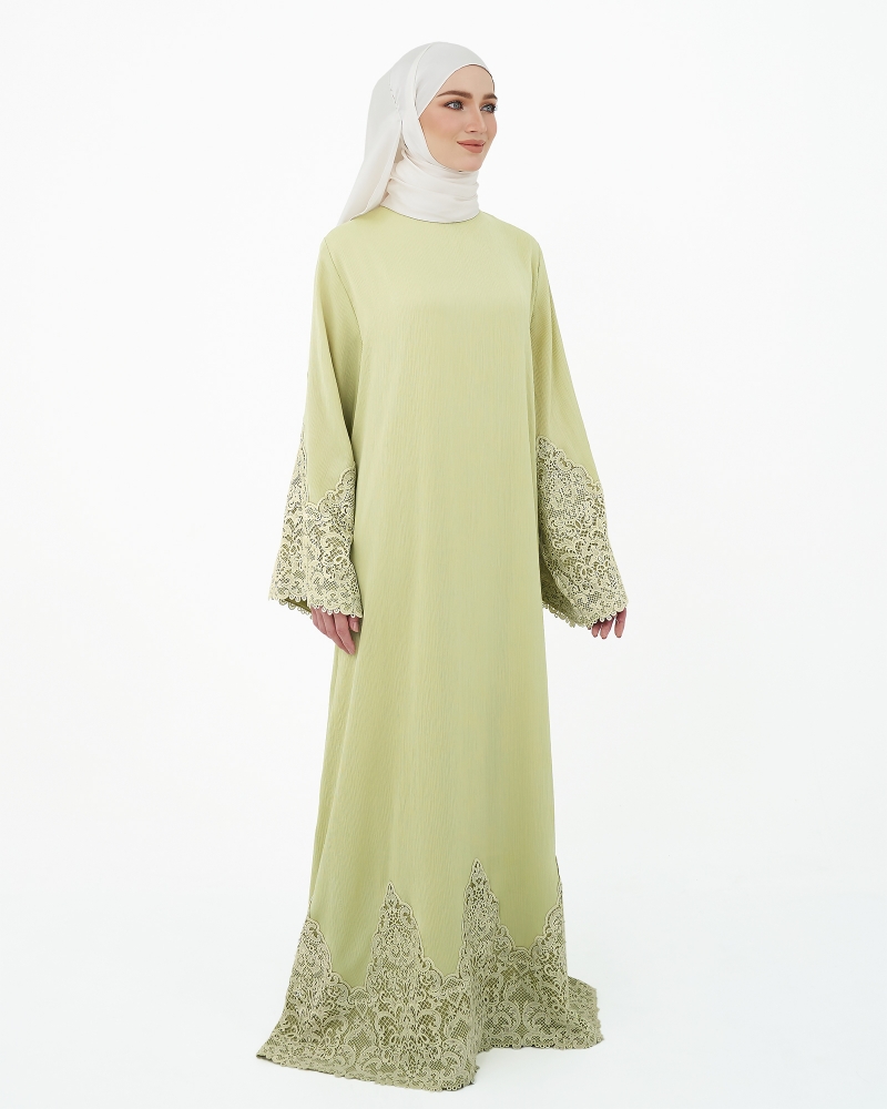LARA CREPE LACE ABAYA - LIGHT GREEN