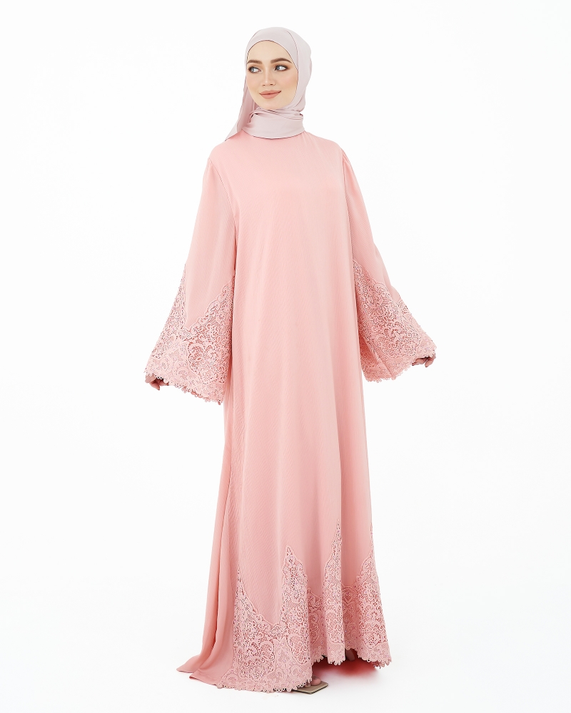 LARA CREPE LACE ABAYA - DUSTY CORAL