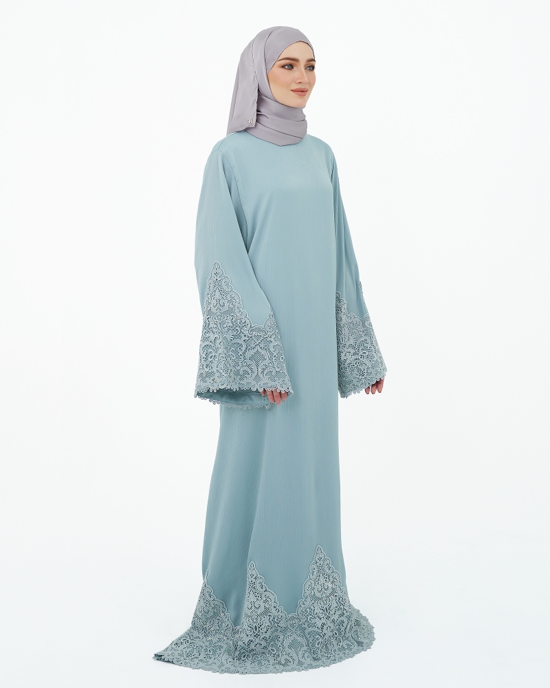 LARA CREPE LACE ABAYA - STEEL BLUE