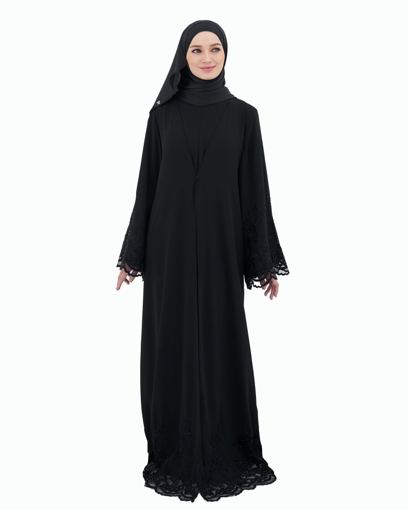 NOUR CRYSTAL LACE ABAYA - BLACK