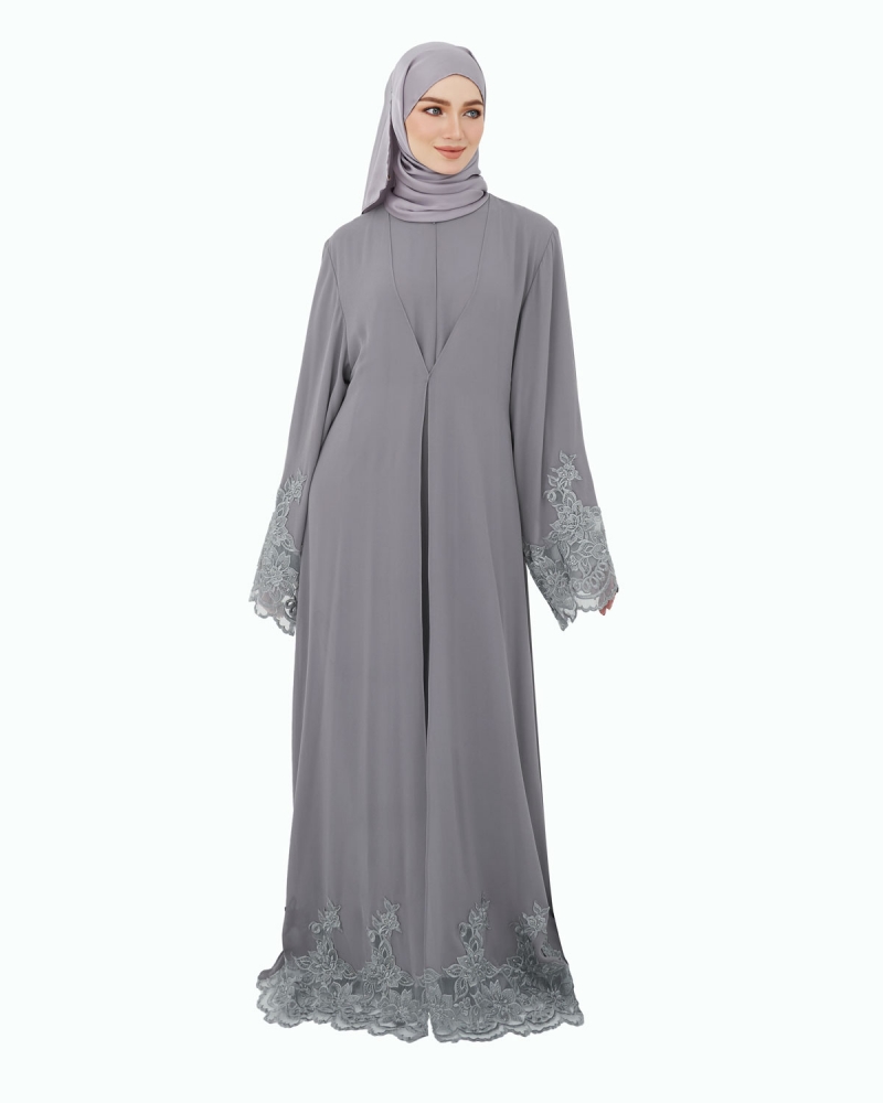 NOUR CRYSTAL LACE ABAYA - DARK GREY