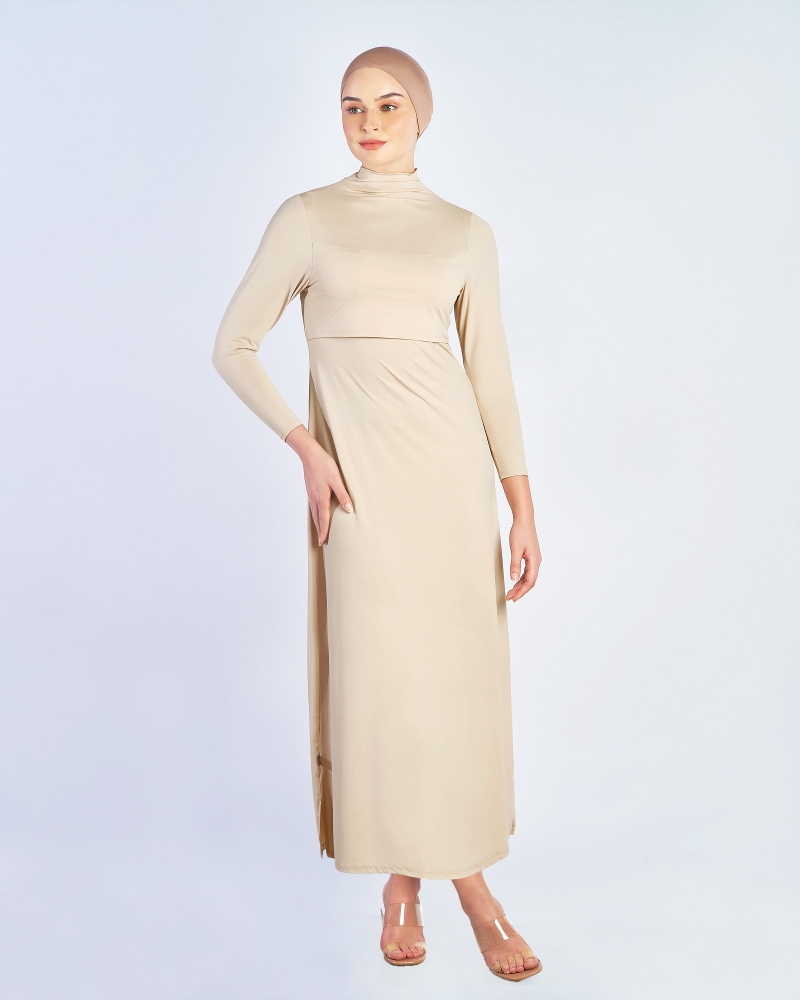 NWEAR HIGH NECK LONG SLEEVE DRESS - NUDE