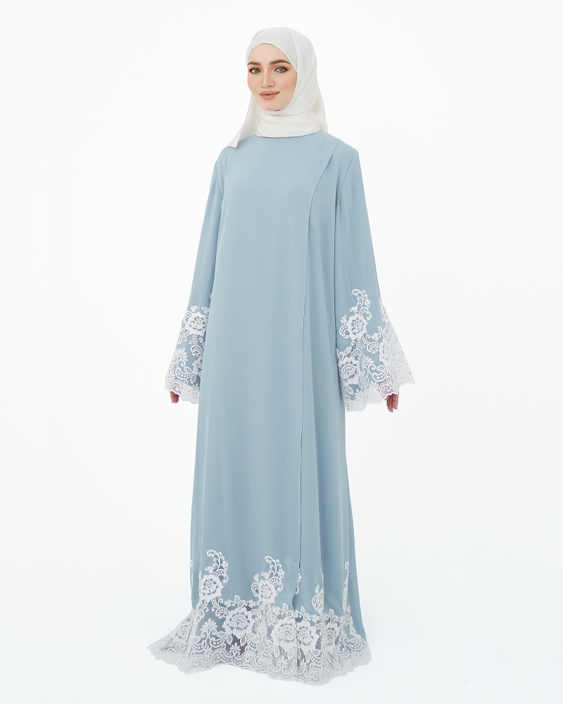 SURI OVERLAP LACE ABAYA - SMOKEY BLUE