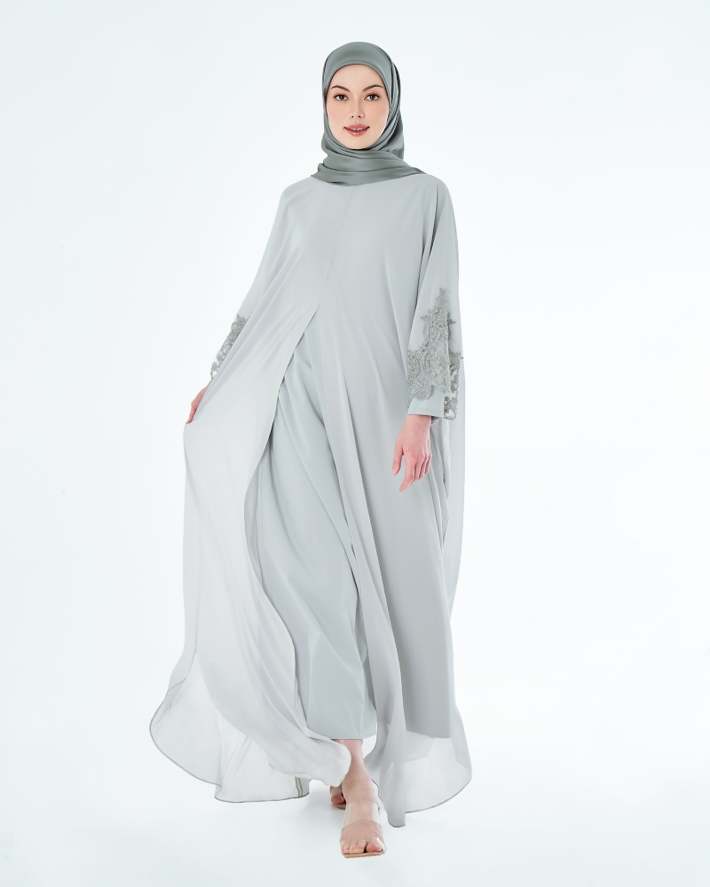 WARDAH LACE CHIFFON ABAYA - CLOUD GREY