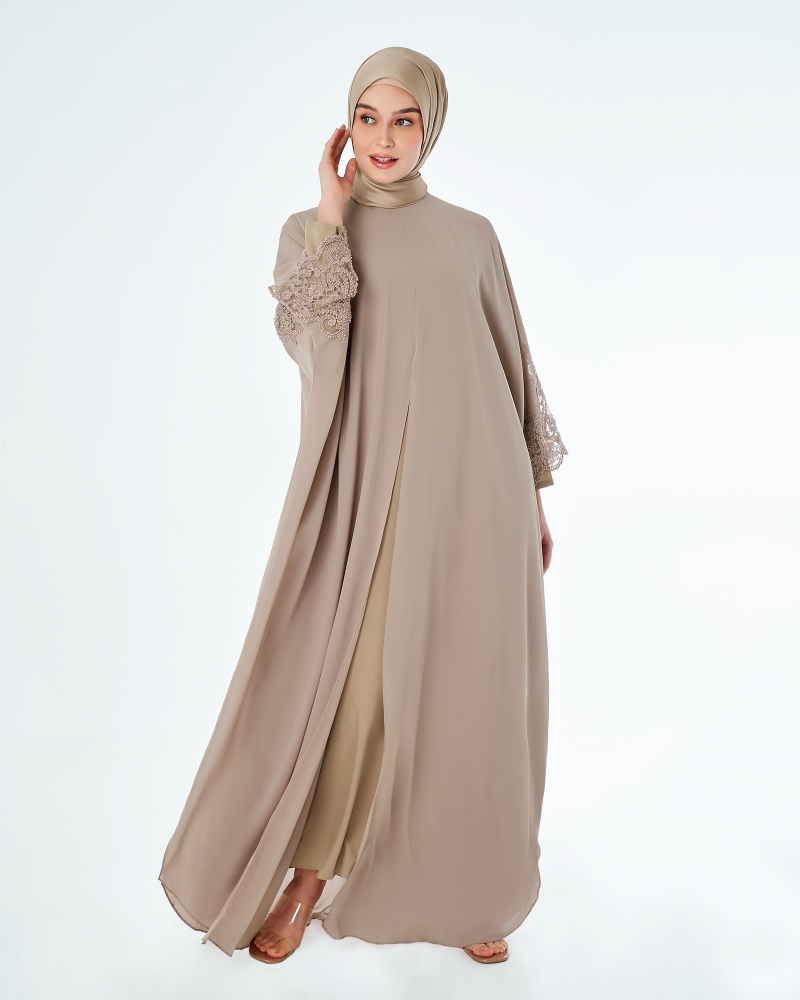 WARDAH LACE CHIFFON ABAYA - TAUPE